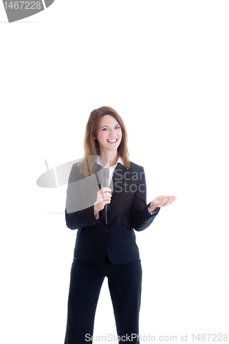 Image of Smiling White Woman Holding Microphone, Isolated