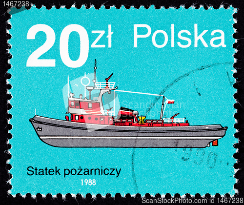 Image of Canceled Polish  Postage Stamp Side View Red Fire boat Tug Polan