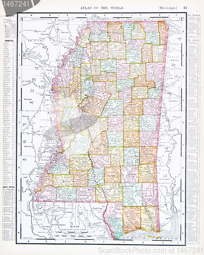 Image of Antique Map of Mississippi, MS, United States, USA