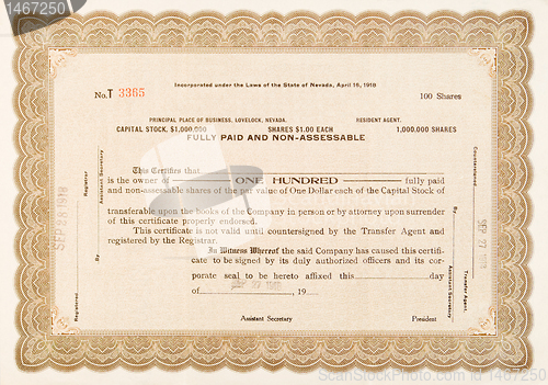 Image of Stock Certificate Lovelock, Nevada 1918 100 Shares