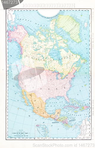 Image of Antique Color Map North America Canada Mexico, USA