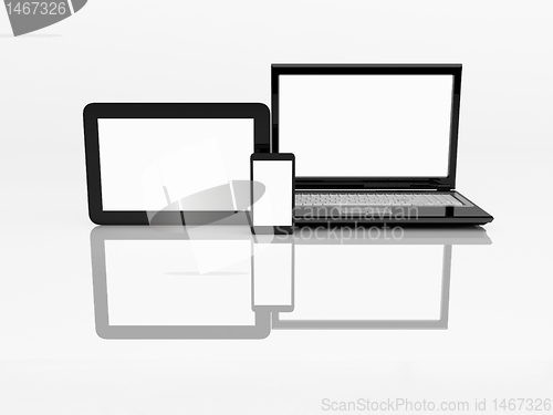 Image of Electronics. Laptop, mobile phone and tablet pc. 3d 