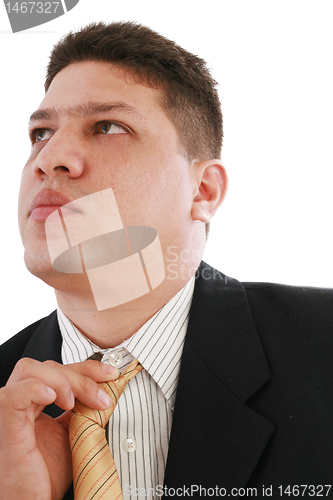 Image of Business man fixing his tie, isolated over white 