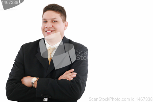 Image of Portrait of happy smiling young businessman, isolated on white b