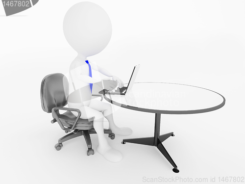 Image of 3d business man character sitting in office chair with laptop at