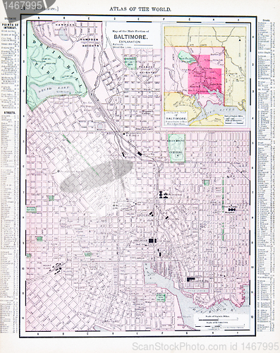 Image of Antique Color Street Map Baltimore, Maryland, USA