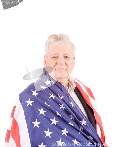 Image of Patriotic Senior Man Wrap American Flag Isolated