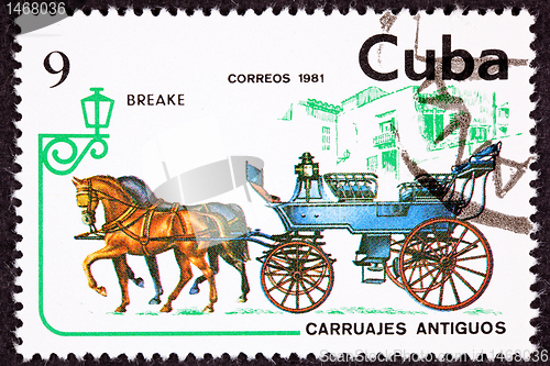 Image of Canceled Cuban Postage Stamp Horse Team Pulling Break, Brake Car
