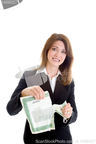 Image of Worried Woman Tearing Stock Certificate, Isolated