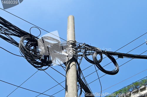 Image of Mass of Telephone Electrical Wires On Cement Pole Shanghai China