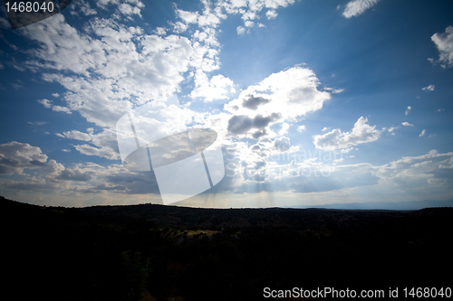 Image of Sky Clouds Sunbeams Santa Fe New Mexico Wide Angle