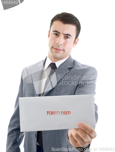 Image of Caucasian Hispanic Man Holding Foreclsoure Notice White Backgrou