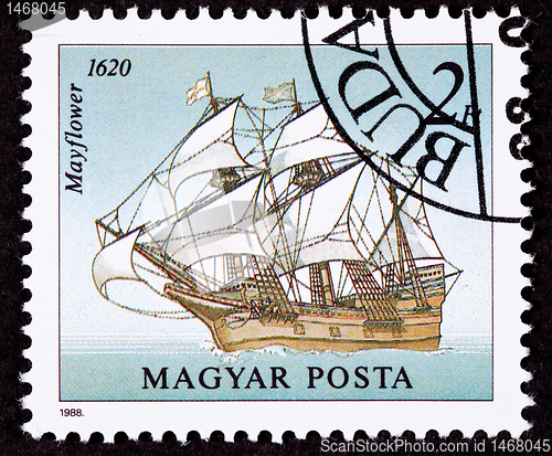 Image of Canceled Hungarian Postage Stamp Mayflower Sailing Ship Pilgrams