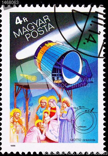 Image of Hungarian Postage Stamp Giotto Spacecraft Halley's Comet, Adorat