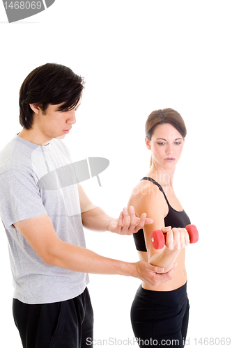 Image of Asian Man Caucasian Woman Talking Working Out Gear White Backgro