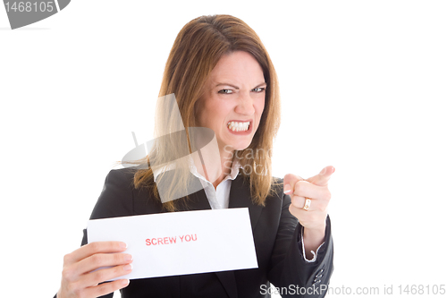 Image of Angery Caucasian Woman Pointing Accusing Finger Holding Envelope