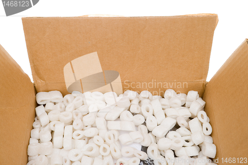 Image of Box Styrofoam Packing Peanuts Isolated Background 