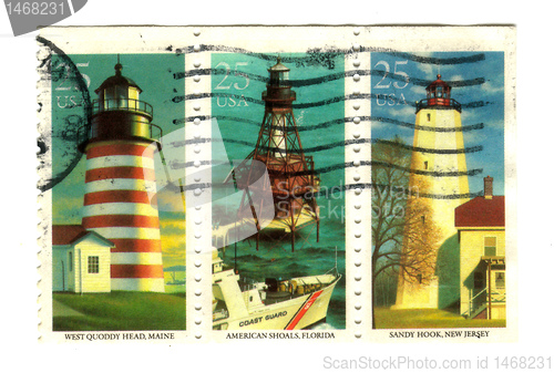 Image of Old postage stamps from USA with Lighthouses 