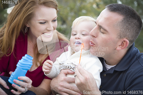 Image of Young Parents Blowing Bubbles with their Child Boy in Park