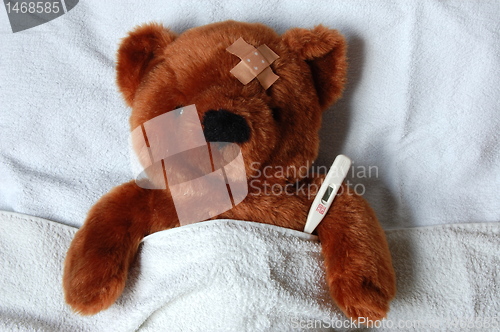 Image of sick teddy with injury in bed