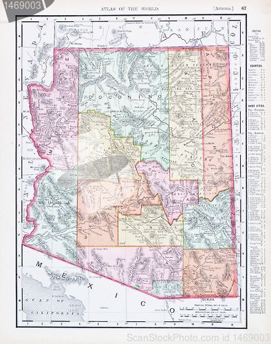 Image of Antique Vintage Color Map of Arizona, USA