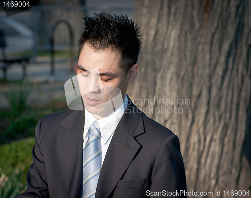 Image of Asian Businessman Outside Looking Down Tree