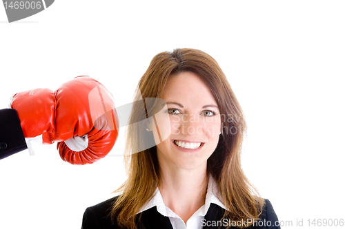 Image of Smiling White Woman Unaware About to be Punched by Boxing Glove 