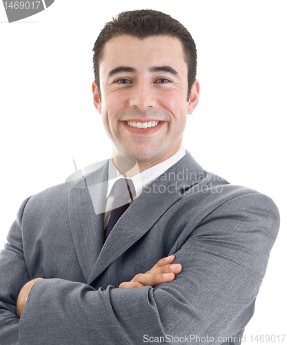 Image of Cheerful Hispanic Man Smiling at Camera Isolated on White