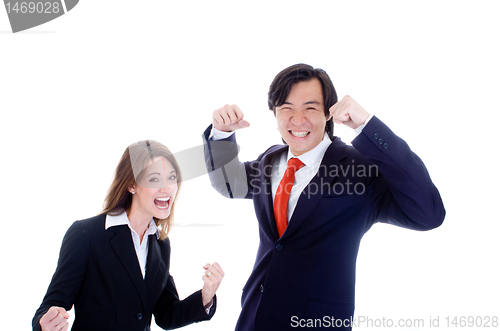 Image of Caucasian Woman Asian Man in Suits Cheering