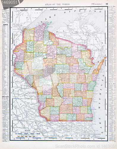 Image of Antique Vintage Color Map of Wisconsin, USA