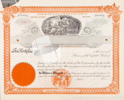 Image of U.S. Stock Certificate Mining Company 1898 Miners
