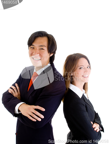 Image of Smiling Asian Business Man Woman Back-to-Back