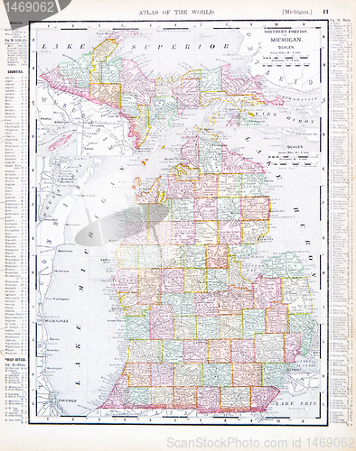 Image of Antique Map of Michigan, MI, United States, USA