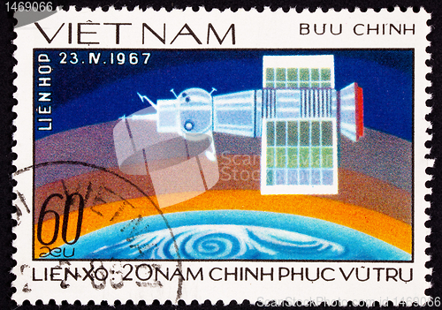 Image of Postage Stamp Showing Soyuz 1 Space Craft Earth