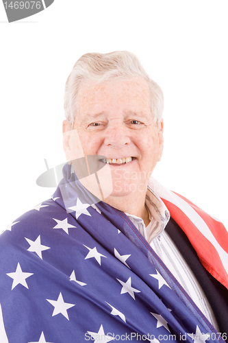 Image of Patriotic Senior Man Wrap American Flag Isolated