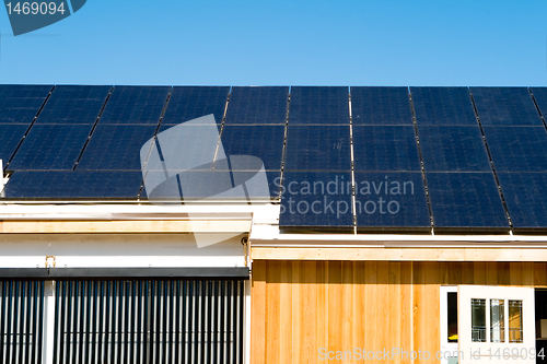 Image of Modern House Photovoltaic PV Solar Panels Roof Sky