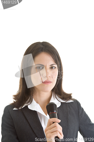 Image of Business Woman Holding Microphone Isolated White