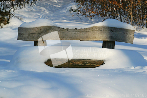 Image of Wooden bench covered with snow