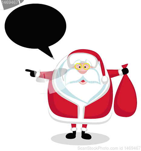 Image of Cartoon Santa with speech bubble holding red bag and pointing left  