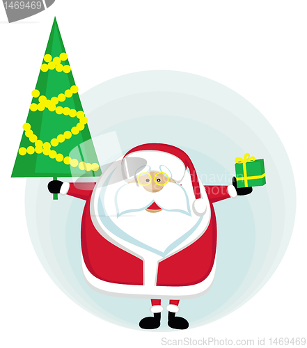 Image of Santa holding Christmas tree and present. Vector illustration  