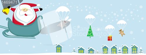 Image of Cartoon Santa with bell in sleight dropping presents with parachutes  