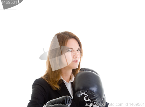 Image of Caucasian Woman Suit and Boxing Gloves Sideways Glance Isolated 