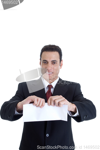 Image of Handsome Caucasian Man Ripping Envelope, Isolated on White