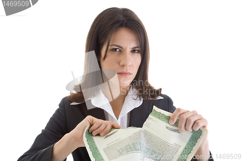 Image of Angry Caucasian Woman Tearing Stock Certificate Isolated on Whit