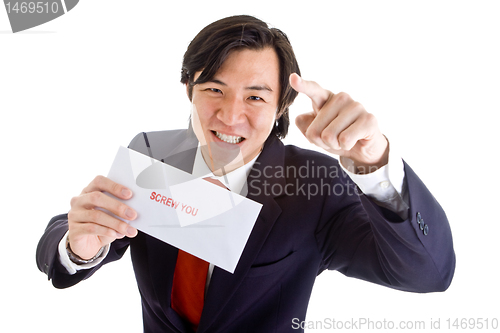 Image of Angry Asian Businessman Pointing Camera, Screw You