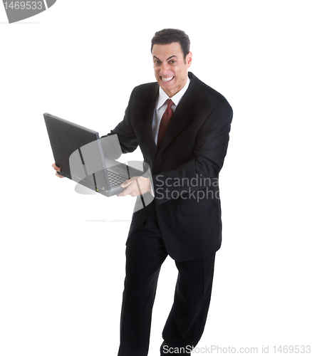 Image of Angry Businessman Holding Laptop Isolated White Background Might