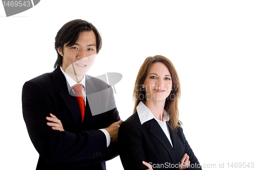 Image of Confident Business Team, Asian Man Caucasian Woman White Backgro