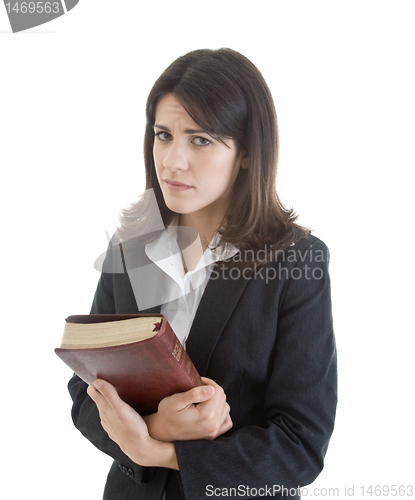 Image of Sad Woman Holding Bible Isolated White Background