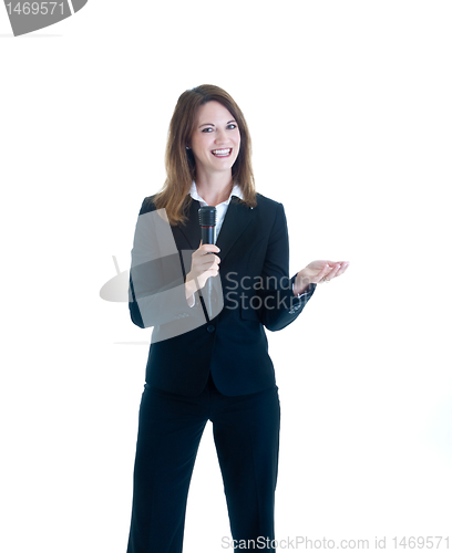 Image of Smiling Caucasian Woman Holding Microphone White Background