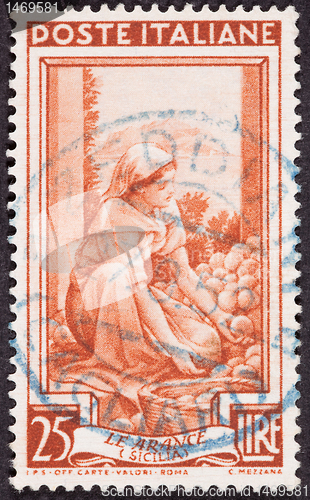 Image of Drawing Woman Sorting Fruit, Used Italian Stamp, Cancelled Cance